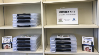 Memory Kits on bookshelf